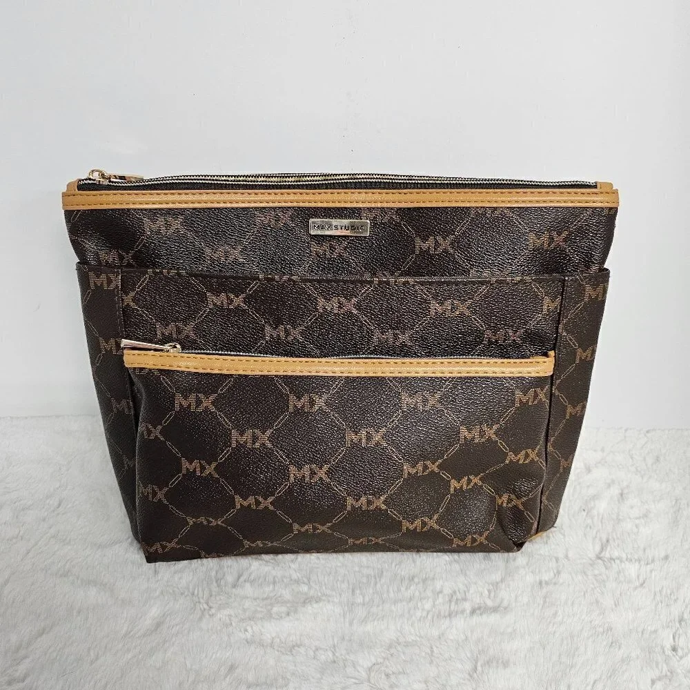Max Studio Brown Insignia Clutch Cosmetic Bag